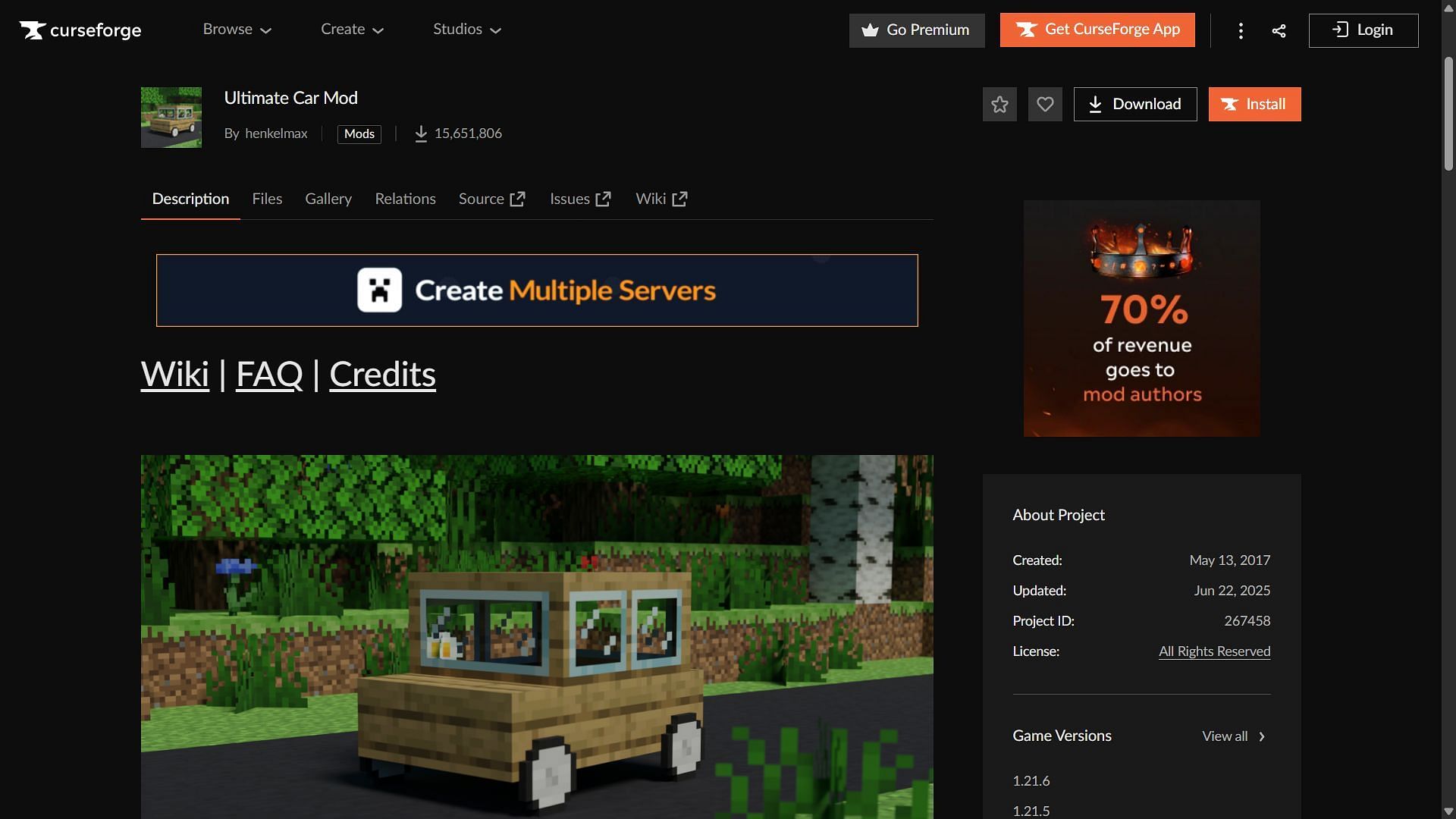 Ultimate Car mod can be downloaded from the CurseForge website (Image via CurseForge/henkelmax)